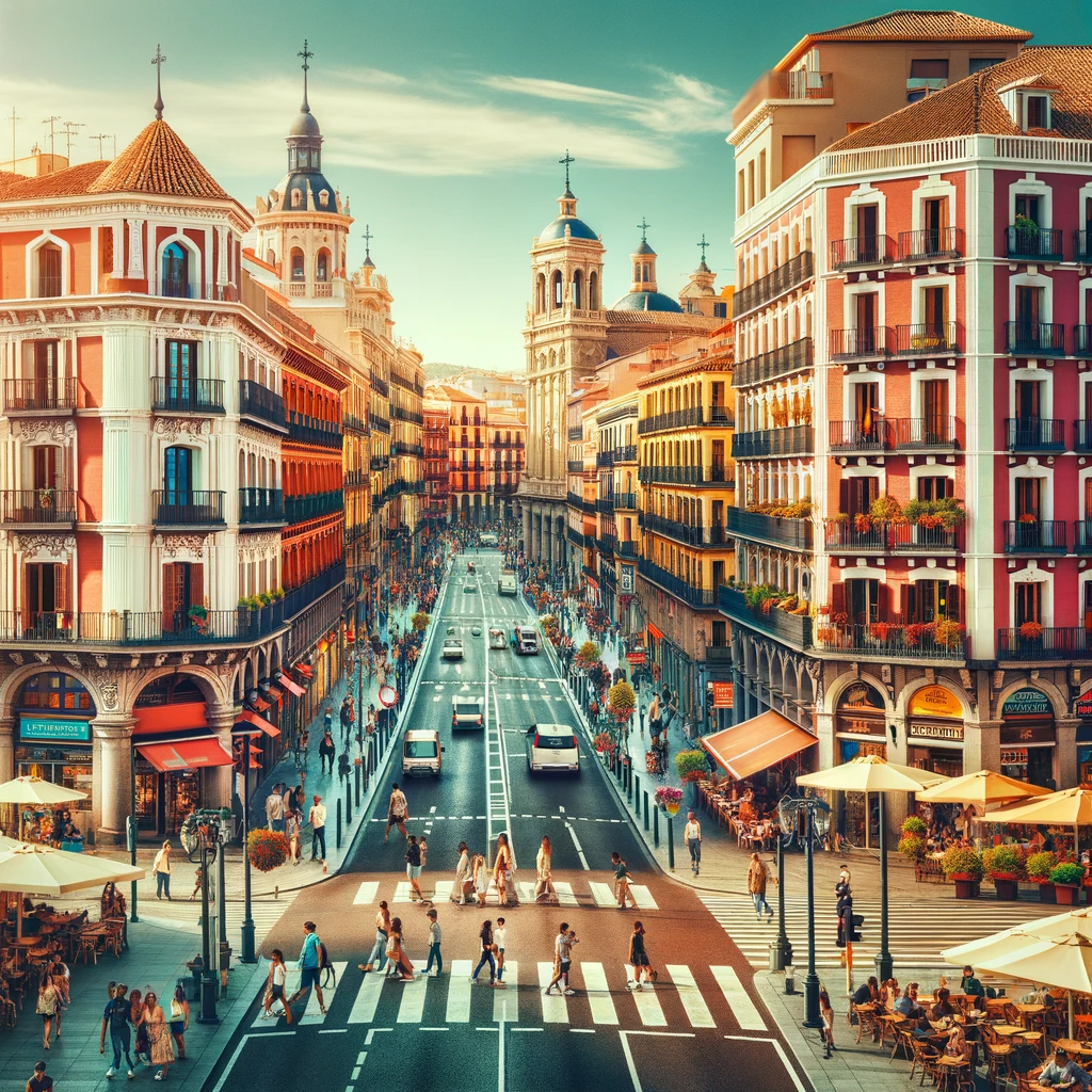 A major city center in Spain, full of Spanish architecture
