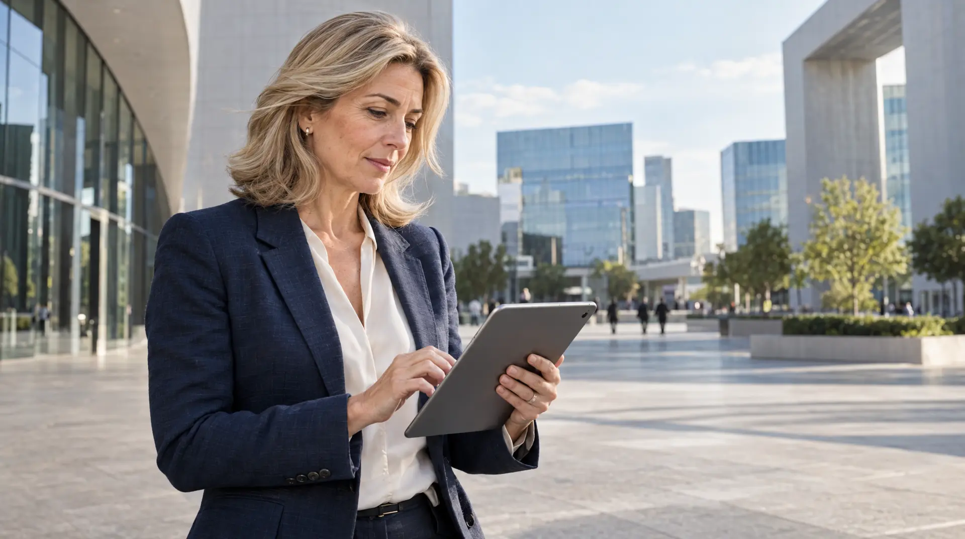 A woman in a navy suit taps a tablet in a modern plaza surrounded by office buildings.