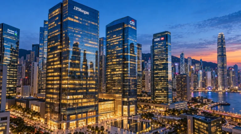 Glass office towers displaying J.P. Morgan, Citi, HSBC, and Standard Chartered signs rise above Hong Kong's harbor at dusk.