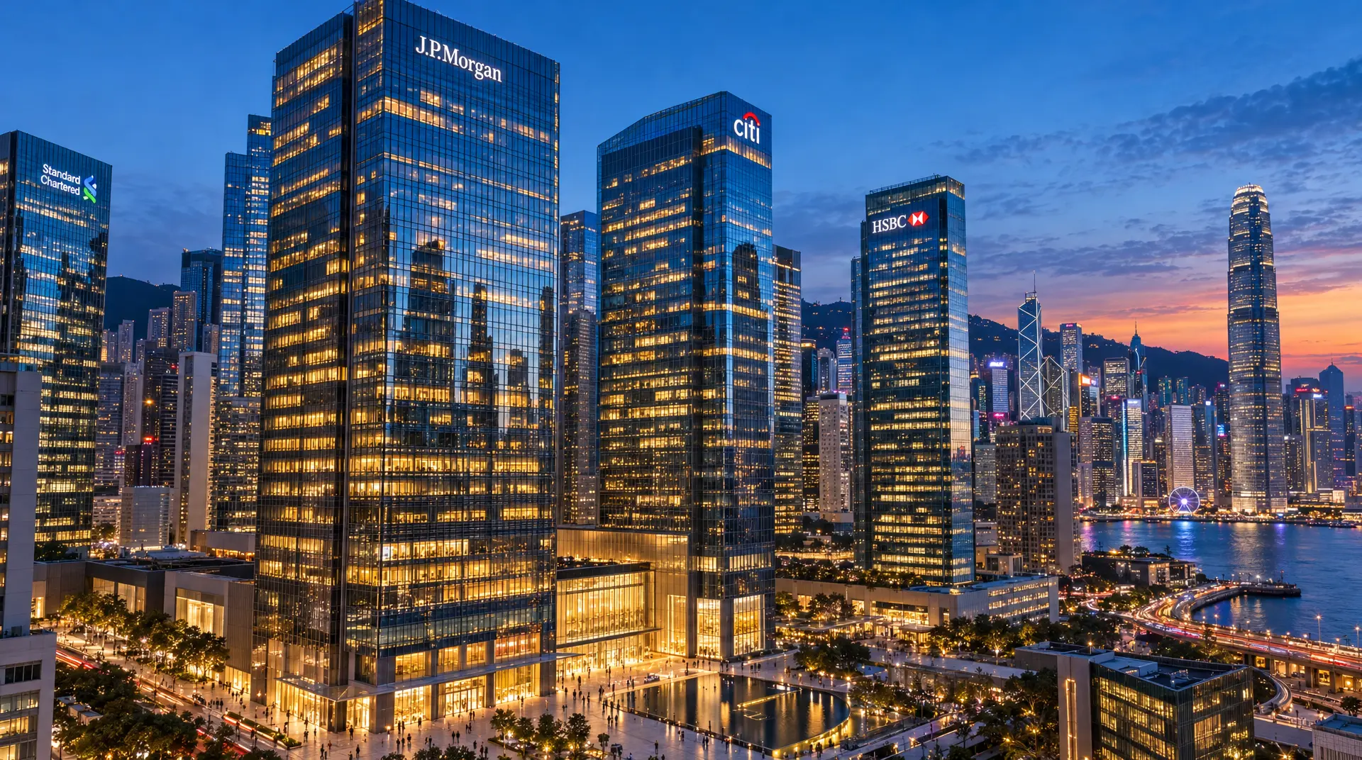 Glass office towers displaying J.P. Morgan, Citi, HSBC, and Standard Chartered signs rise above Hong Kong's harbor at dusk.
