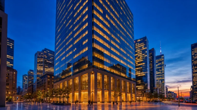 Downtown skyline at dusk with a large glass office tower and lit windows, symbolizing corporate governance and oversight under corporate compliance.