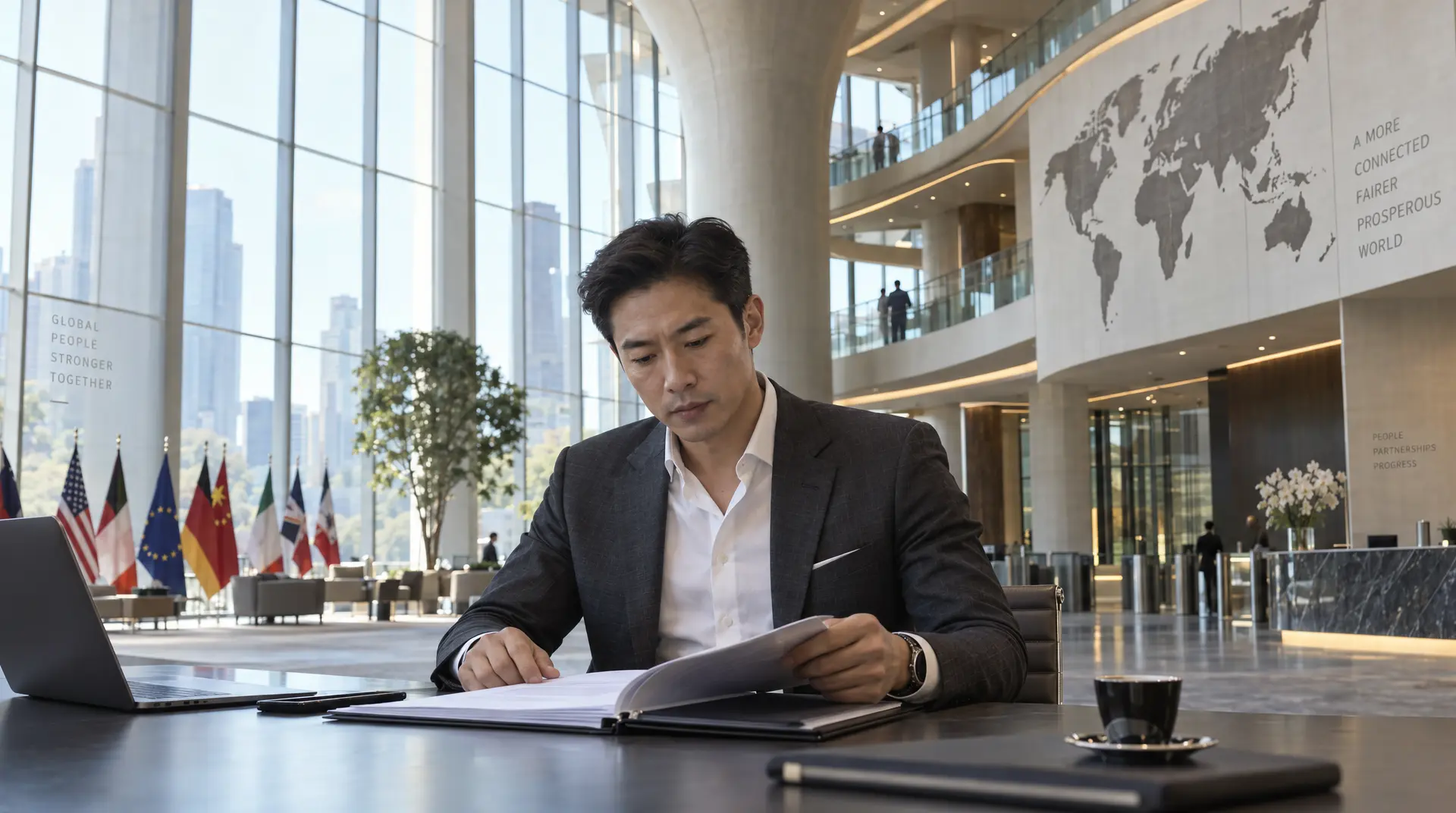 A suited man reviews papers at a table with a laptop in a glass-walled lobby displaying a world map and national flags.