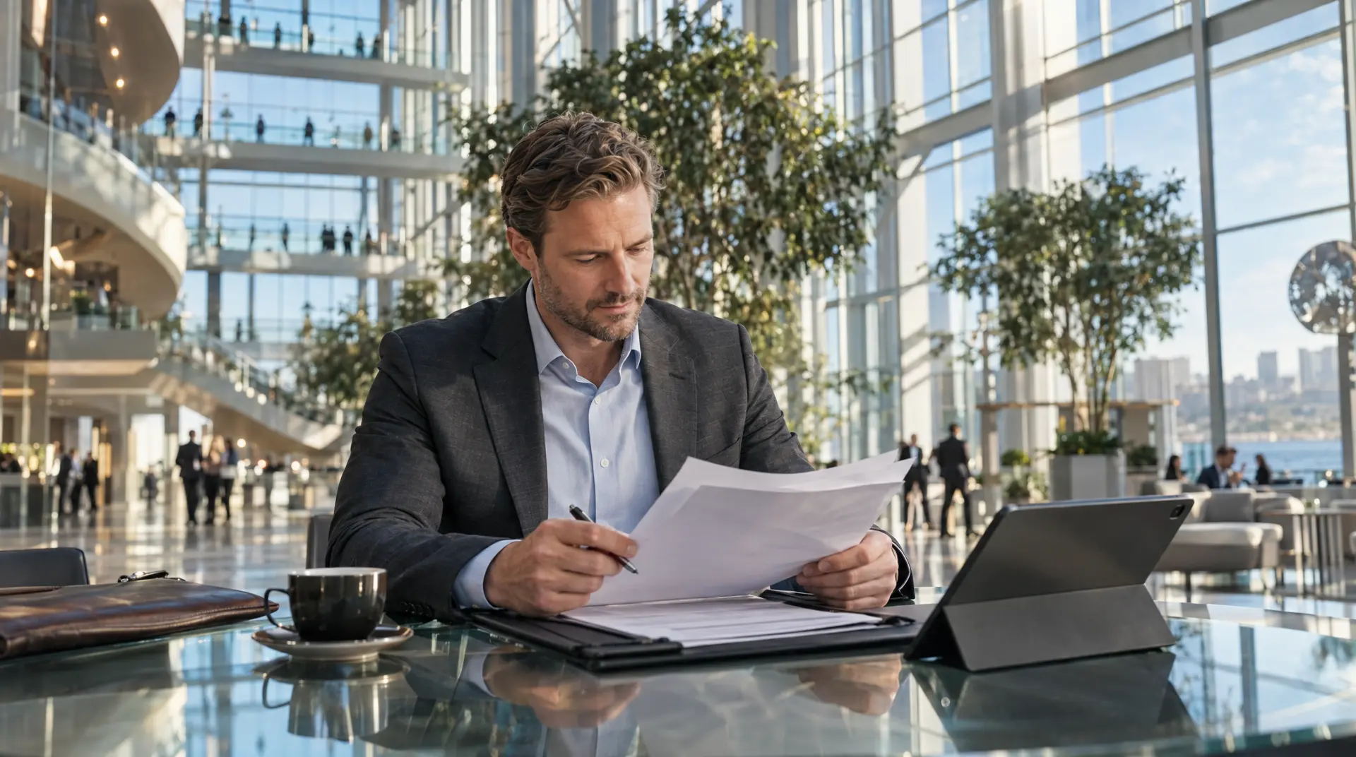 A business professional in a modern glass office reviews papers at a conference table with a laptop and phone, representing annual filings for corporate compliance.