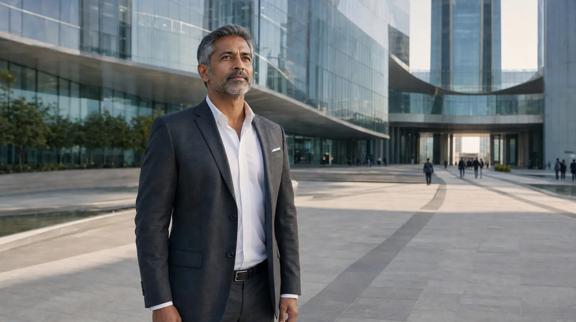 A business professional in a dark suit stands confidently outside a modern glass office building, aligning corporate compliance strategy for international growth.
