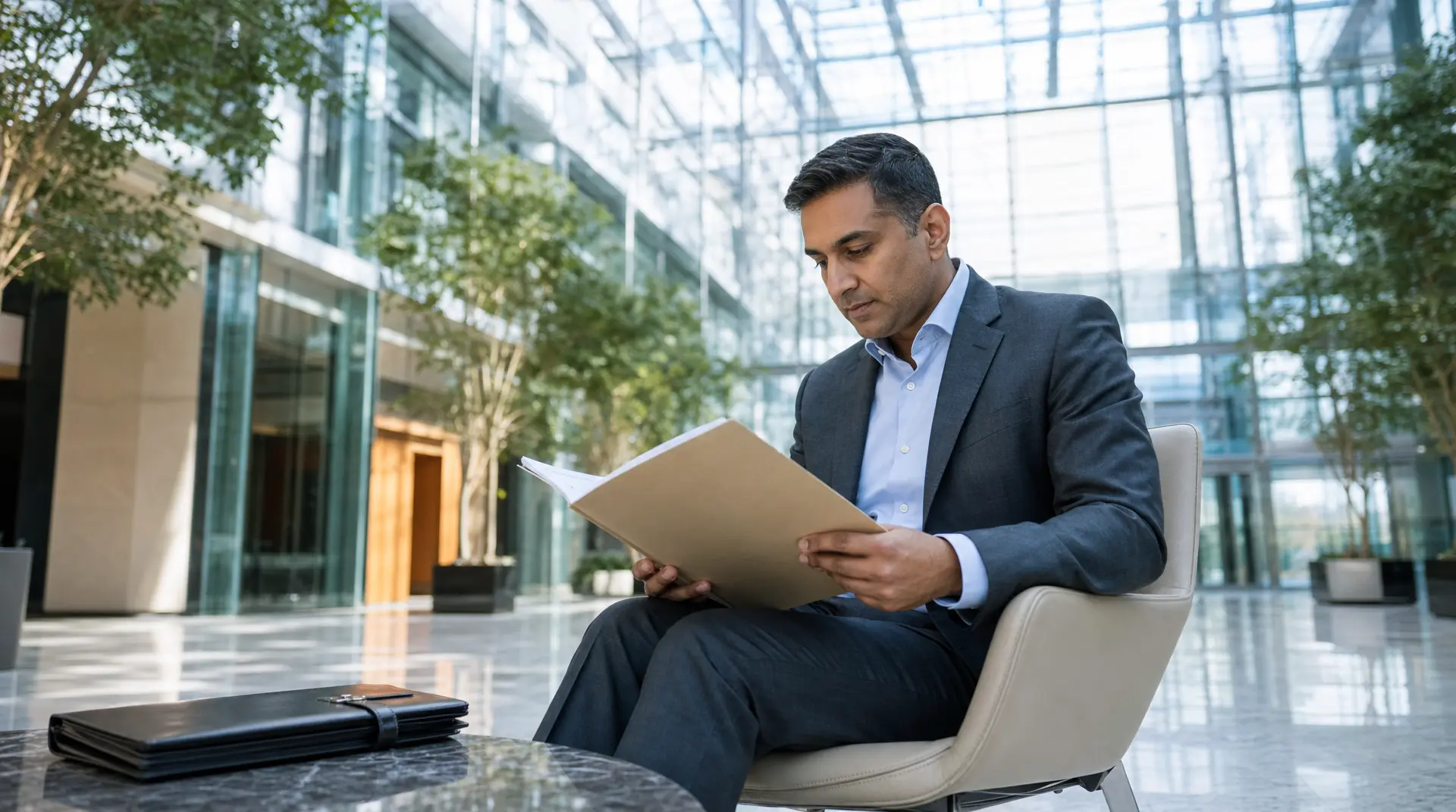 Business professional in a modern glass office reviewing printed documents while a folder lies on the desk, suggesting annual filings preparation.