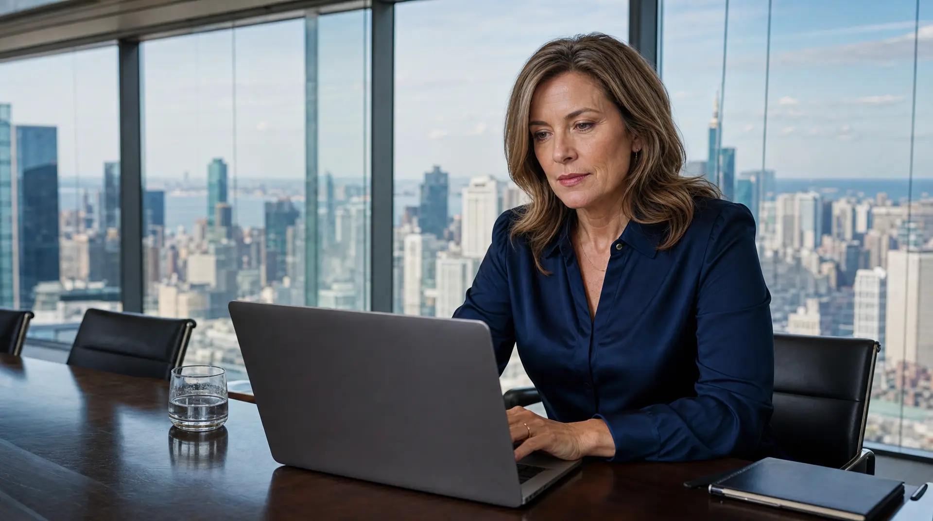 Business professional reviews documents on a laptop in a glass office, applying compliance ai for streamlined checks.