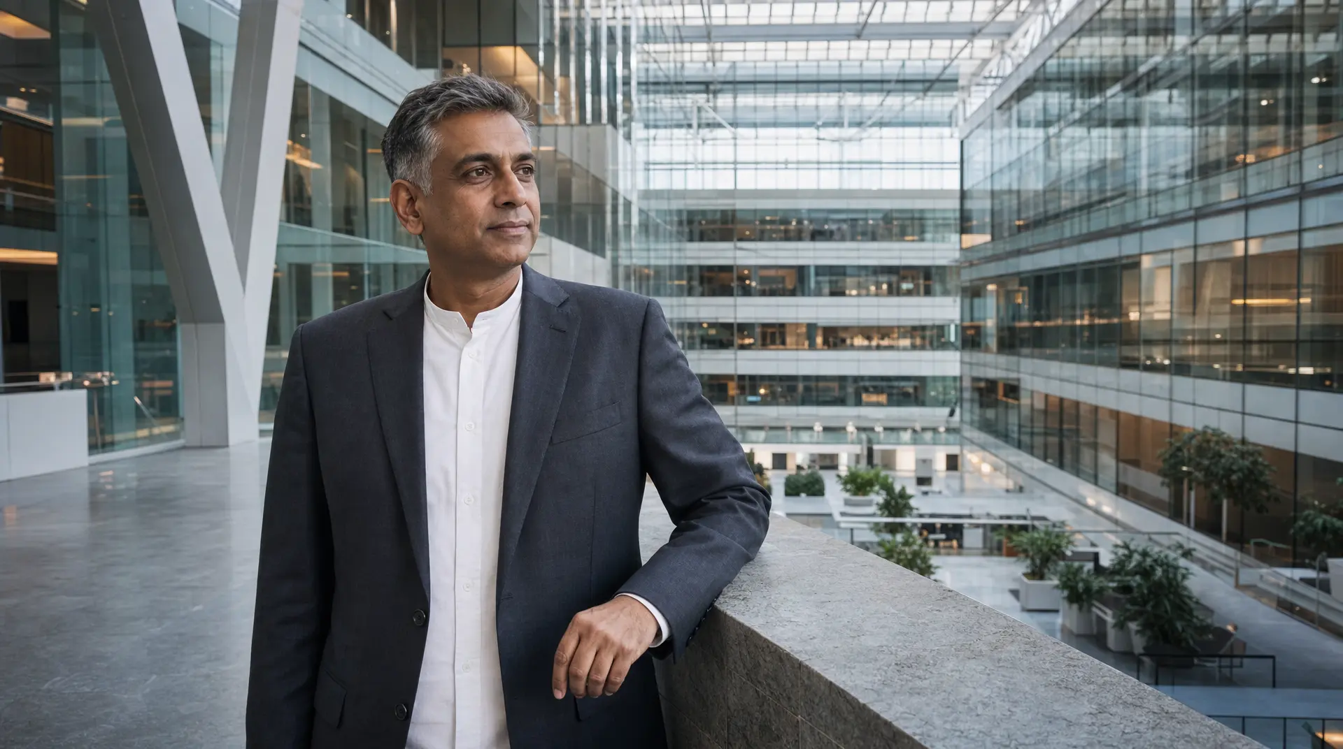 A senior professional in a dark suit stands by a stone railing inside a bright corporate atrium, aligning corporate compliance and corporate governance readiness.