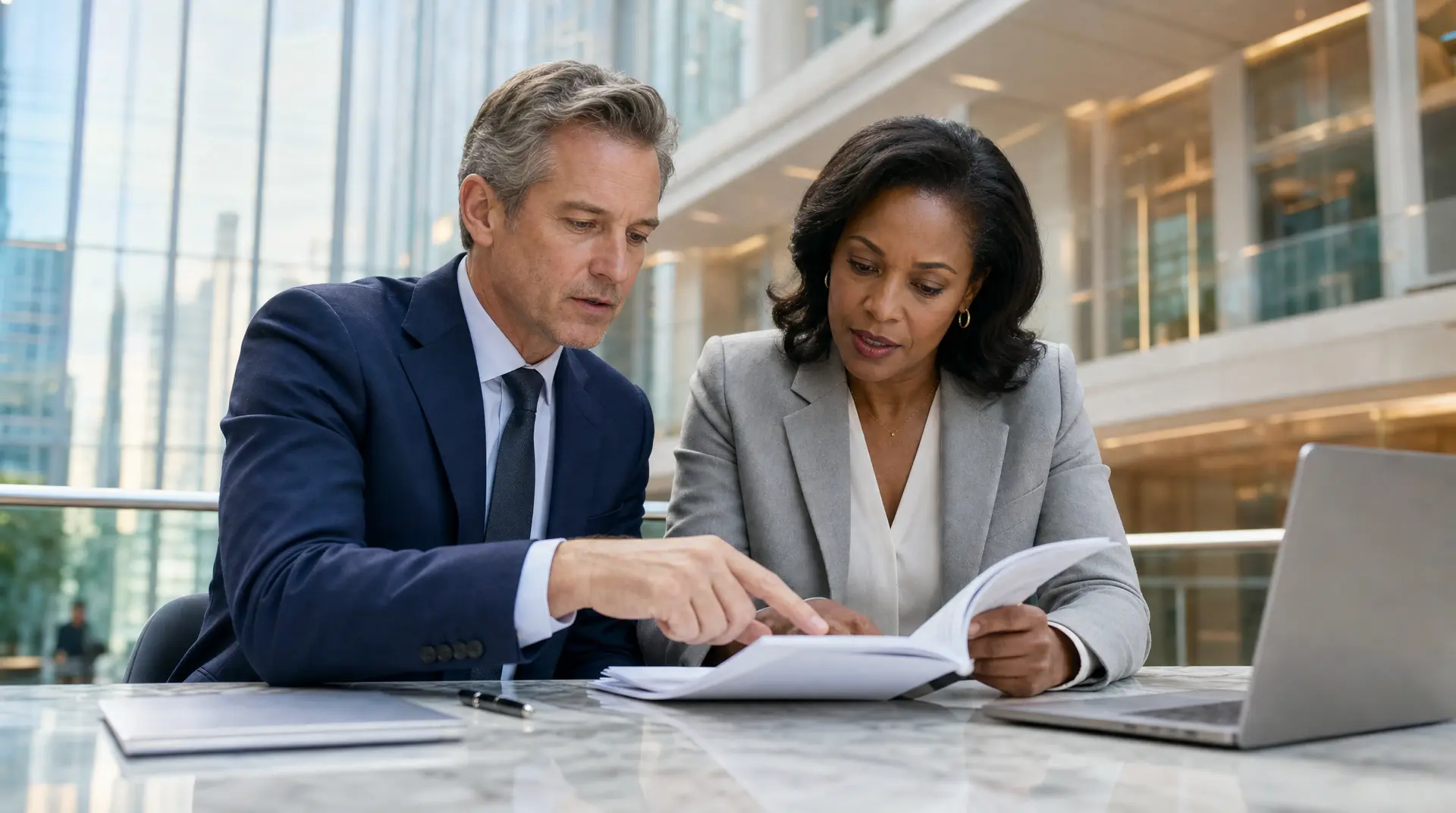 Two executives sit at a meeting table, reviewing paperwork on a laptop in a modern office for corporate compliance.