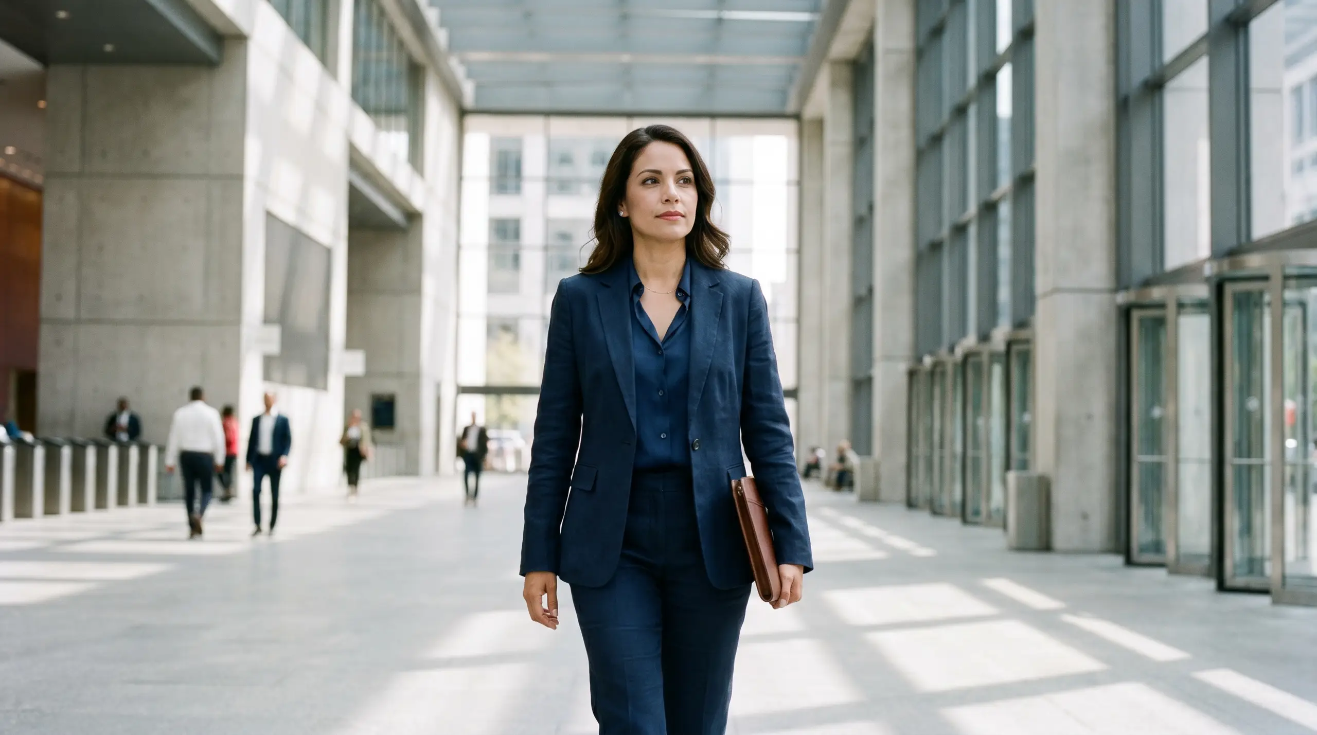 A woman in a dark blue suit walks toward the camera in a bright office corridor lined with glass and concrete walls, holding a leather folder in her right hand. Several people walk in the background.