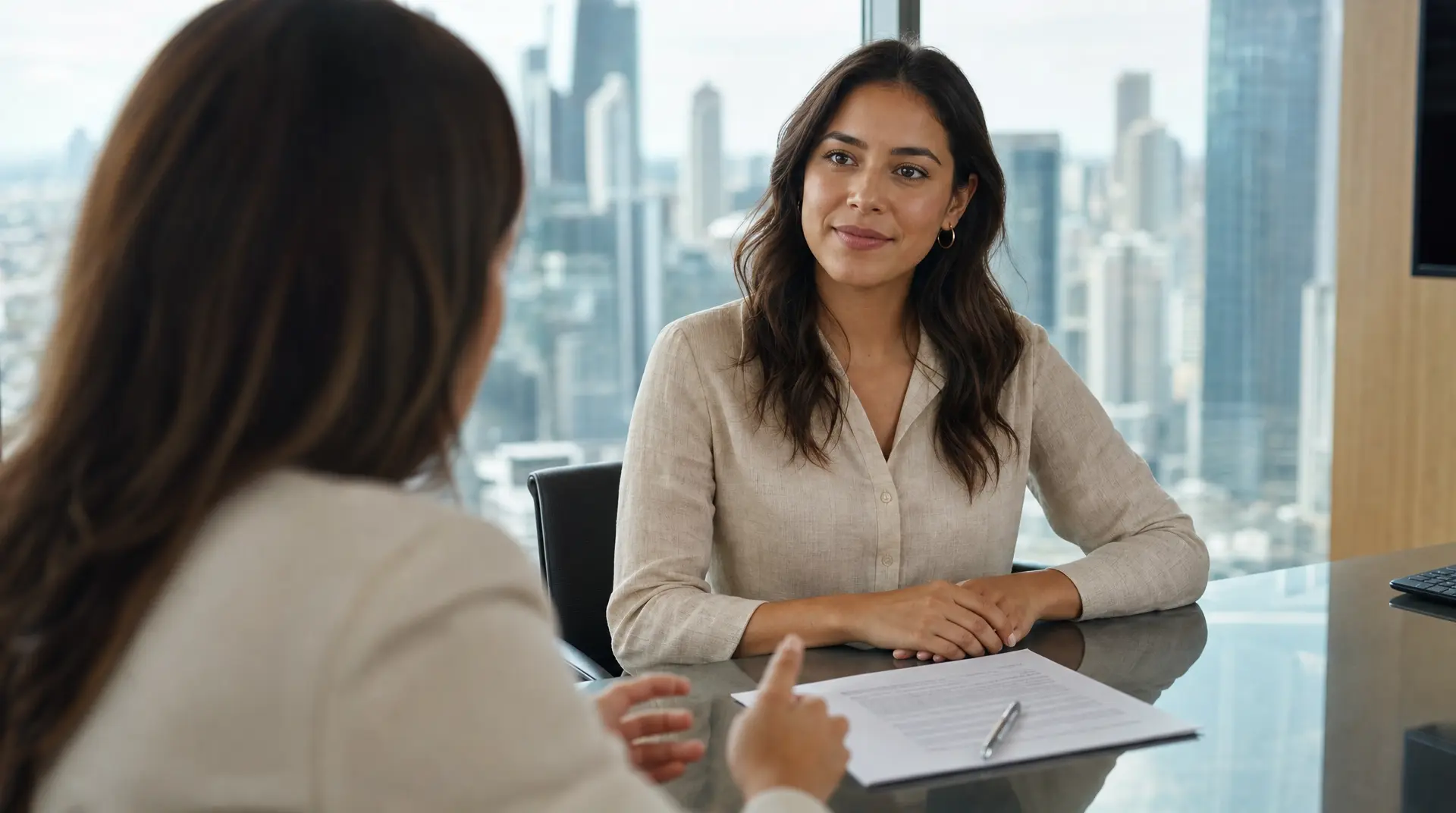 In a glass-walled high-rise office, a woman in a formal meeting smiles during a document review for corporate compliance while using an AI corporate compliance assistant.