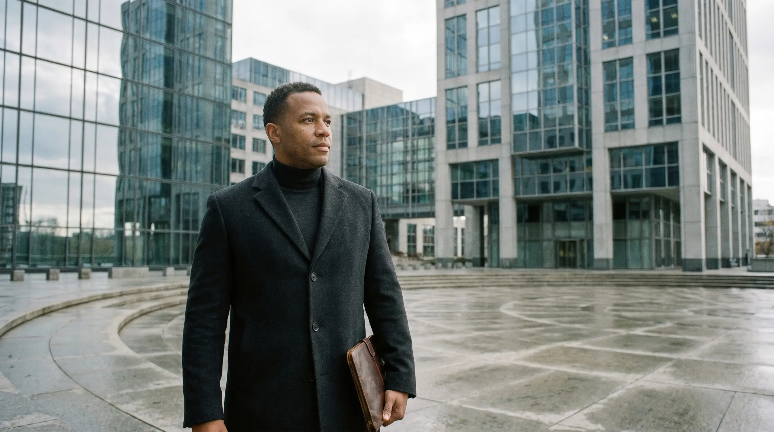 A man in a dark overcoat and turtleneck stands in a large courtyard of modern glass-and-stone office buildings, holding a leather folder in his hand and looking to the side.