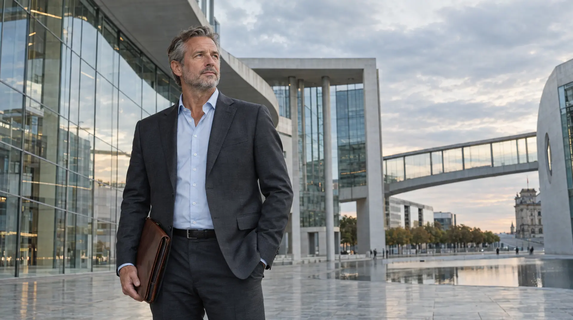 A business professional in a dark suit walks outdoors in front of modern office buildings, projecting leadership aligned with corporate governance.