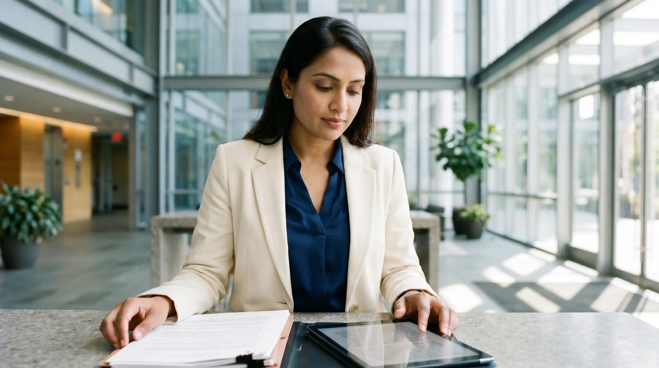 A woman in a light blazer and dark blouse sits at a table in a bright office corridor, looking down at paperwork and a tablet, with glass walls and plants in the background.