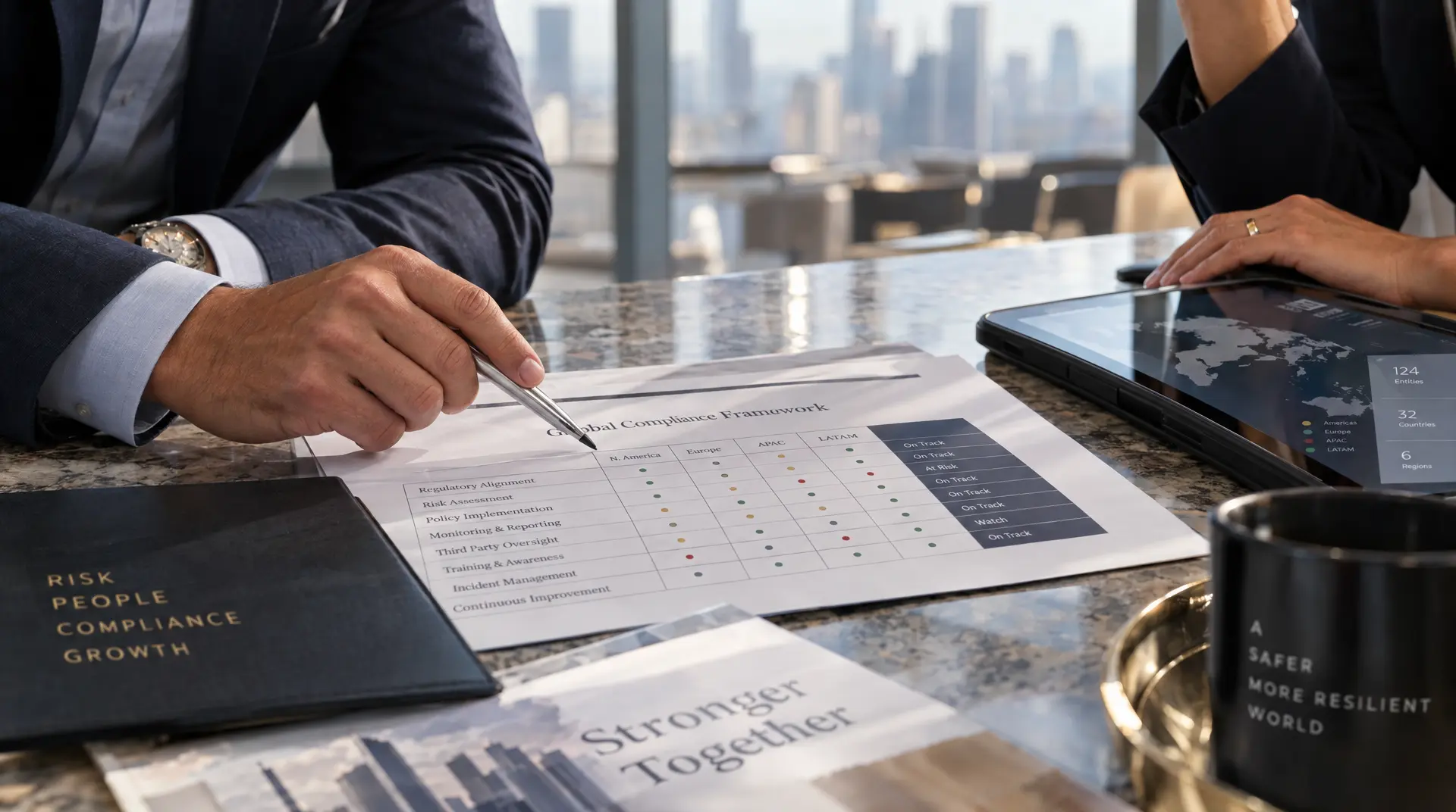 A business professional marks a printed global compliance matrix on a conference table while reviewing documents and a dashboard labeled for compliance tracking, supporting compliance automation workflows.