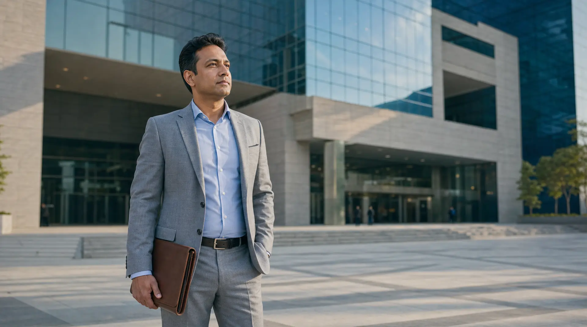 Business professional in a light suit holding a briefcase outside a glass office building, reflecting corporate governance and executive readiness.