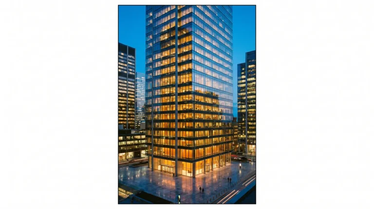 A tall modern office building stands centered at dusk, with illuminated windows in warm rows. Surrounding skyscrapers flank it, and the streets below show streetlights and faint traffic lights, with a reflective plaza in the foreground.