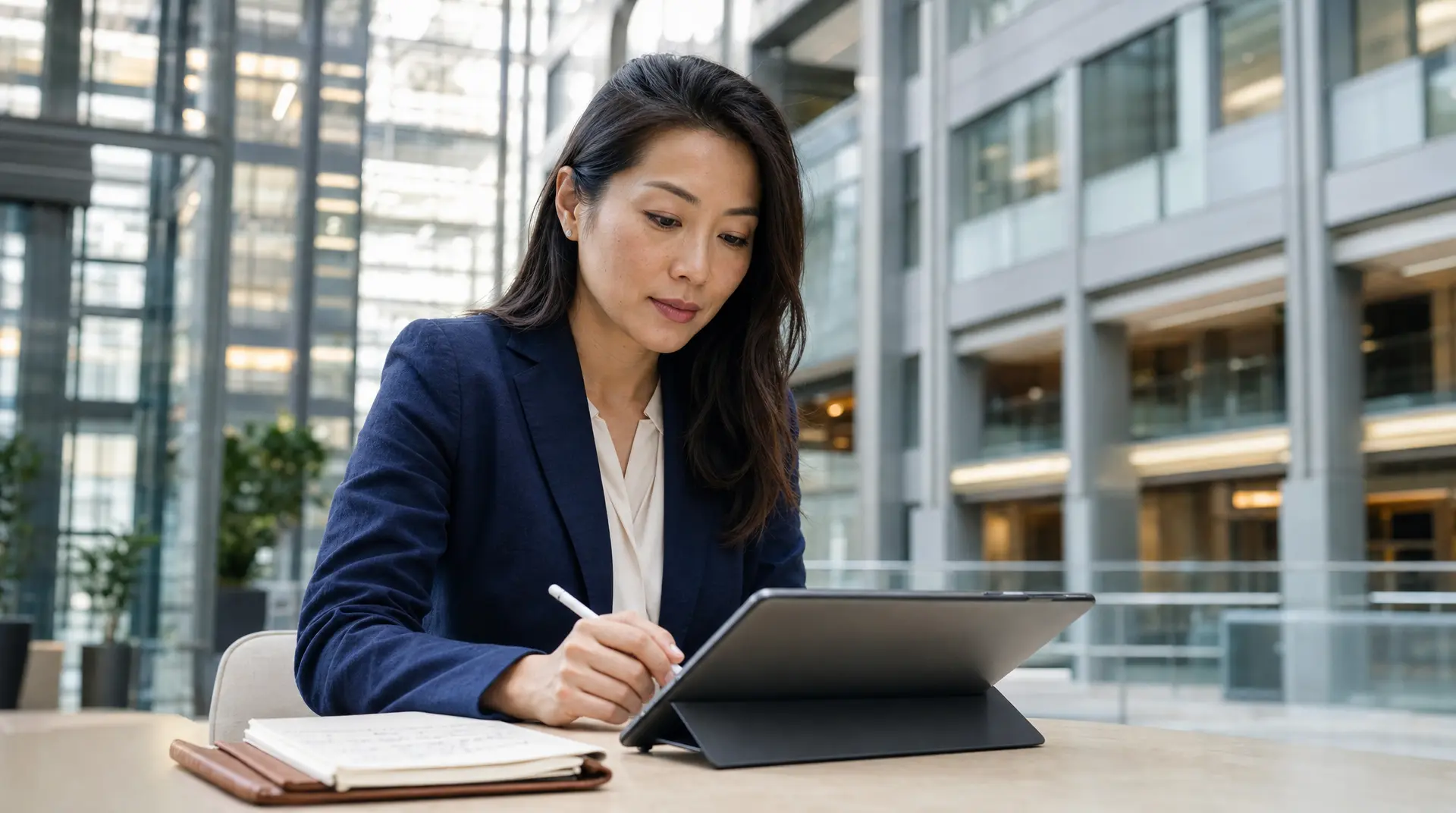 Woman in a business suit reviews paperwork with a stylus at a desk, using a tablet in a modern office, reflecting compliance ai and corporate compliance workflows.