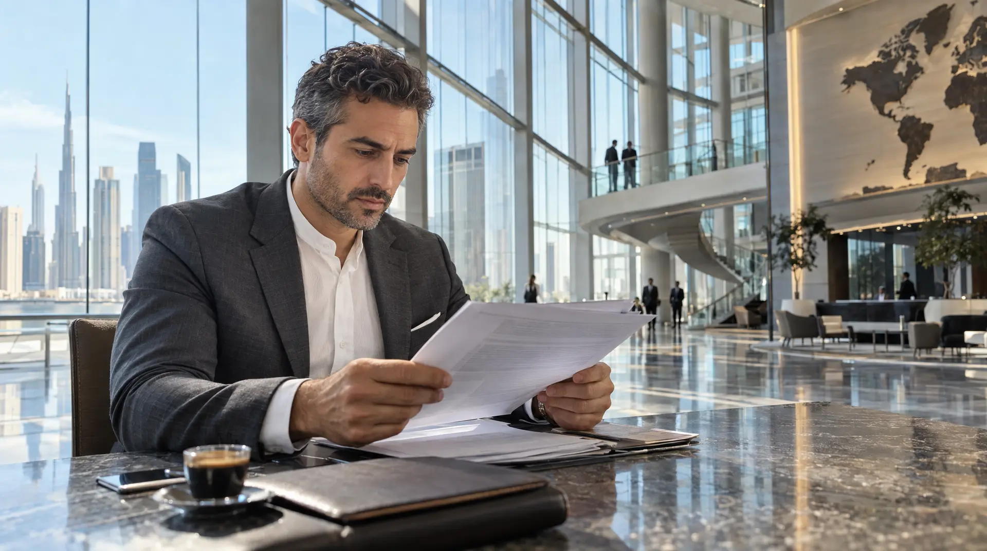 Business leader reviews annual filings paperwork at a glass office desk, focused on corporate compliance across a global corporate setting.