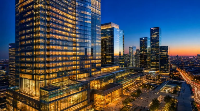 Skyscrapers glow at dusk as teams coordinate corporate compliance for global expansion across offices.
