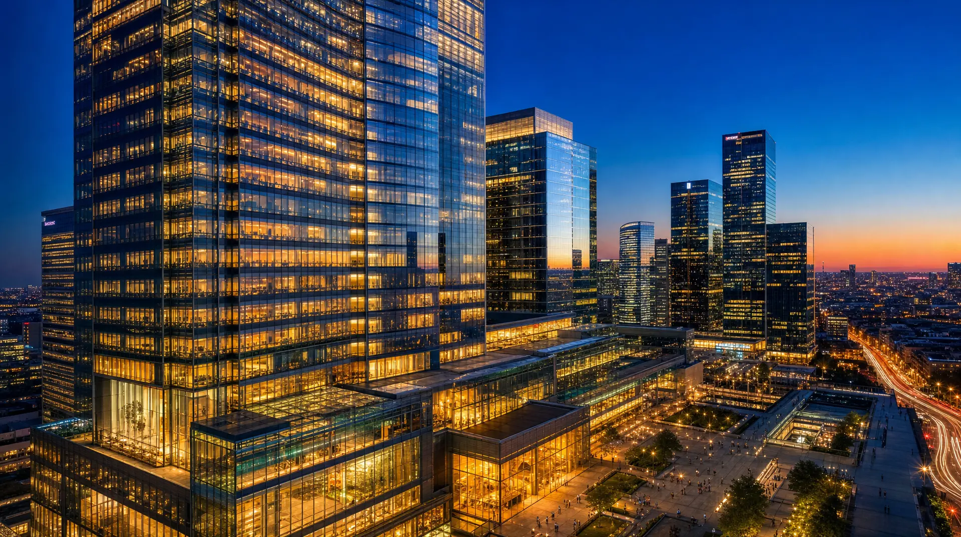 Skyscrapers glow at dusk as teams coordinate corporate compliance for global expansion across offices.