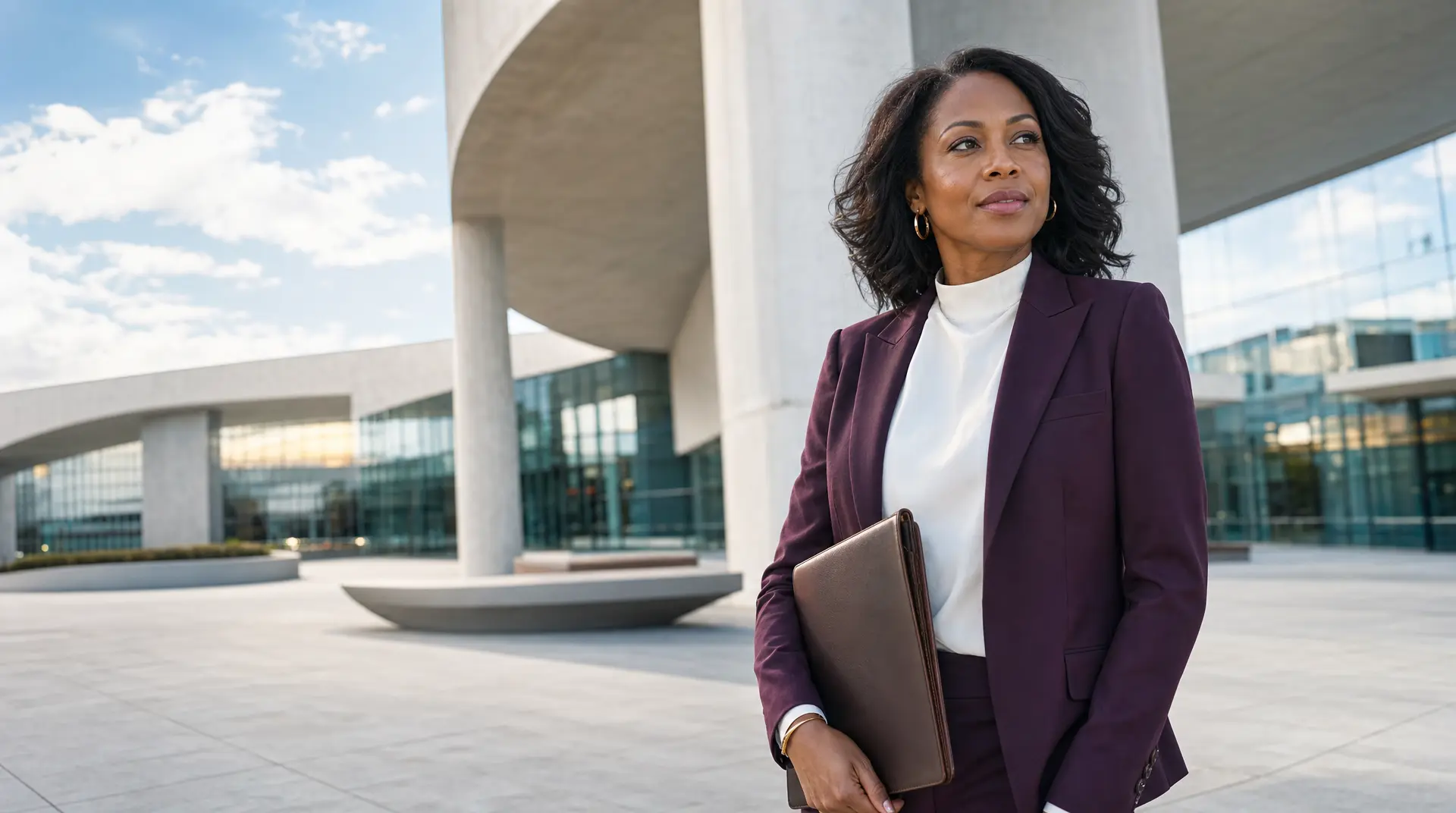 A business professional in a tailored suit stands at a modern office campus holding a portfolio, signaling corporate compliance and global expansion readiness.