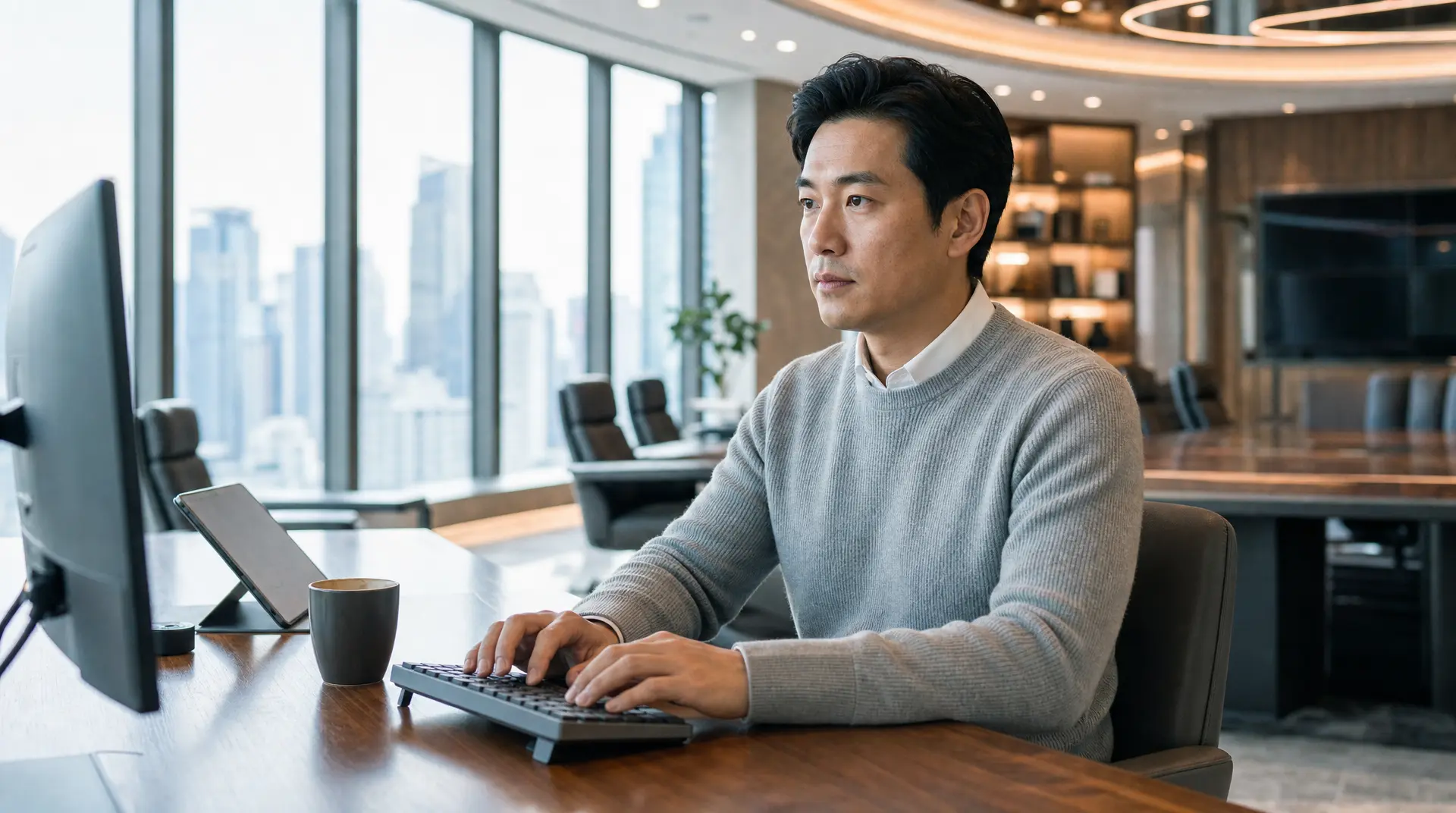 Man typing at an office desk with city skyline view, representing global compliance calendar software planning and tracking.