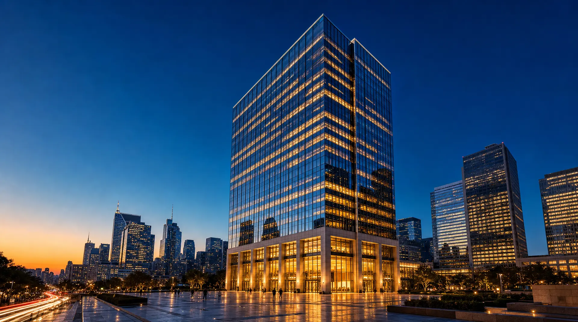Glass office tower at dusk with city lights, symbolizing corporate governance and corporate compliance readiness.