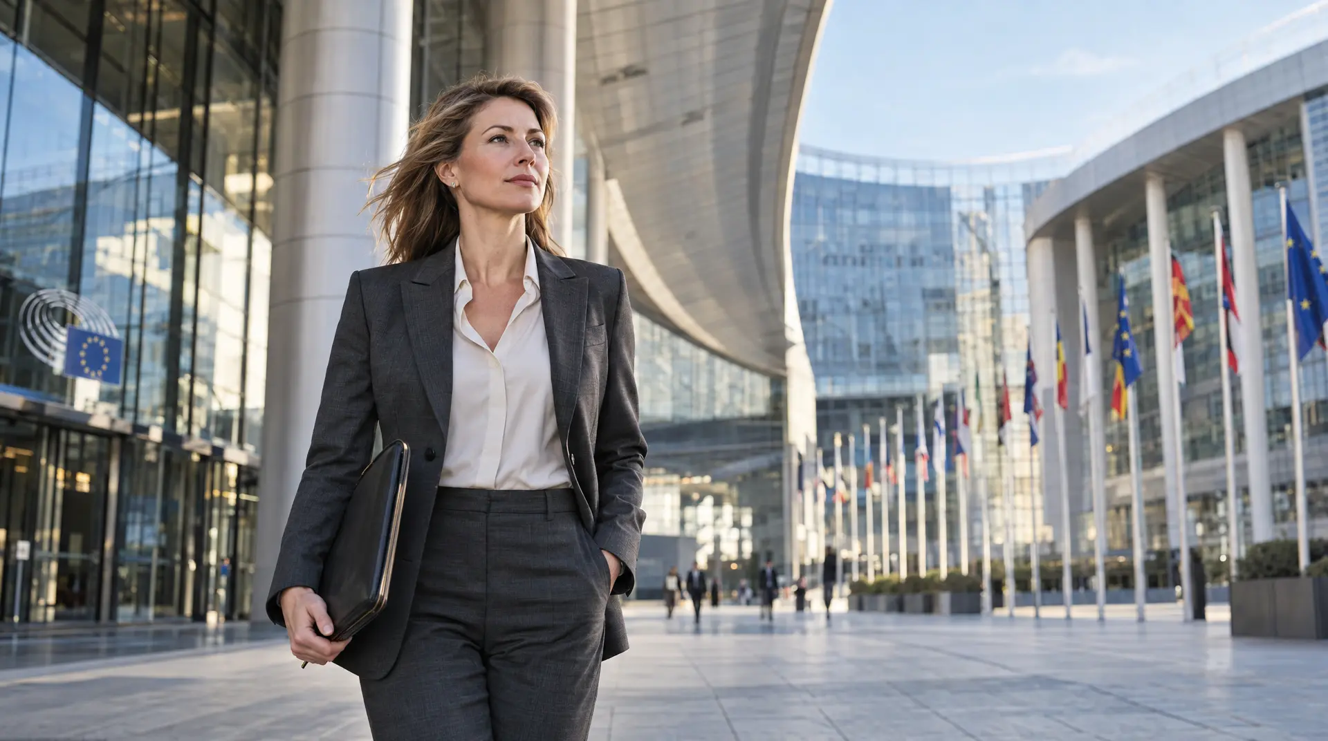 Business professional walking in front of EU flags, representing corporate compliance and corporate governance oversight.