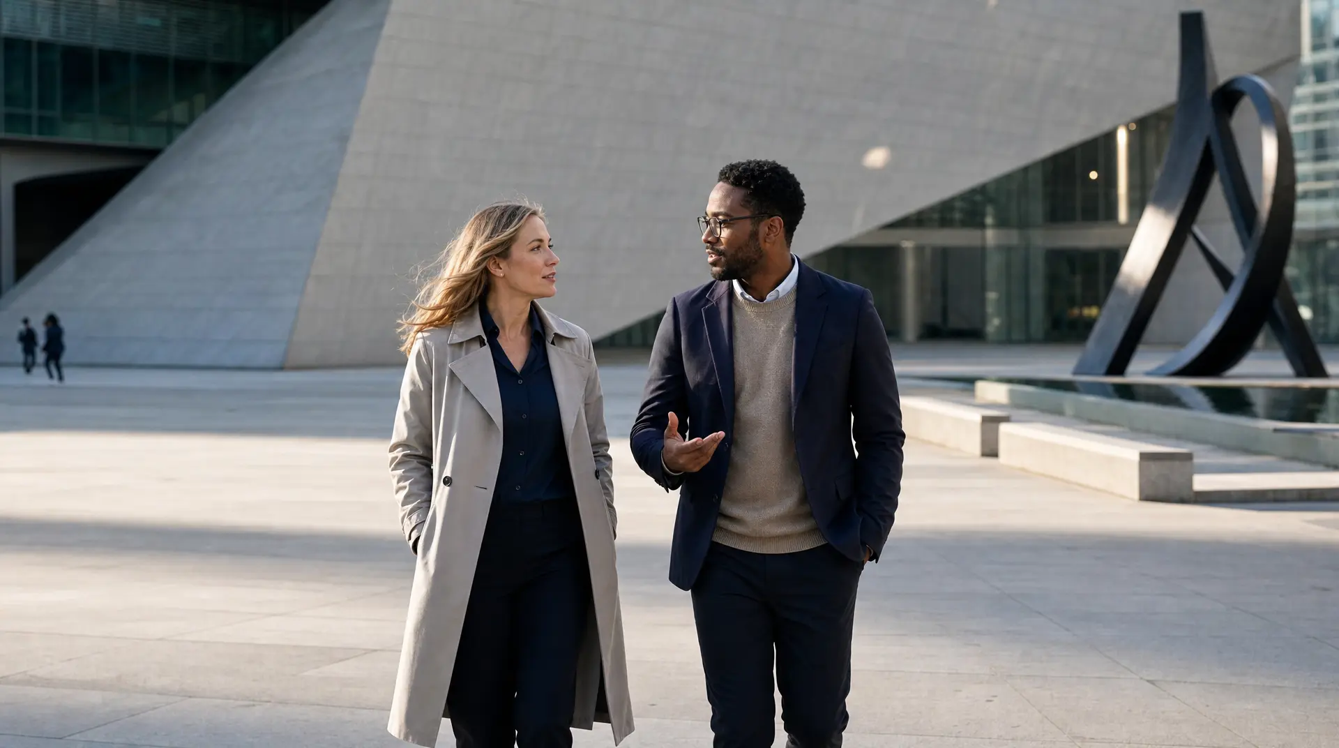 Two business professionals discuss corporate compliance in a modern plaza, walking side by side.