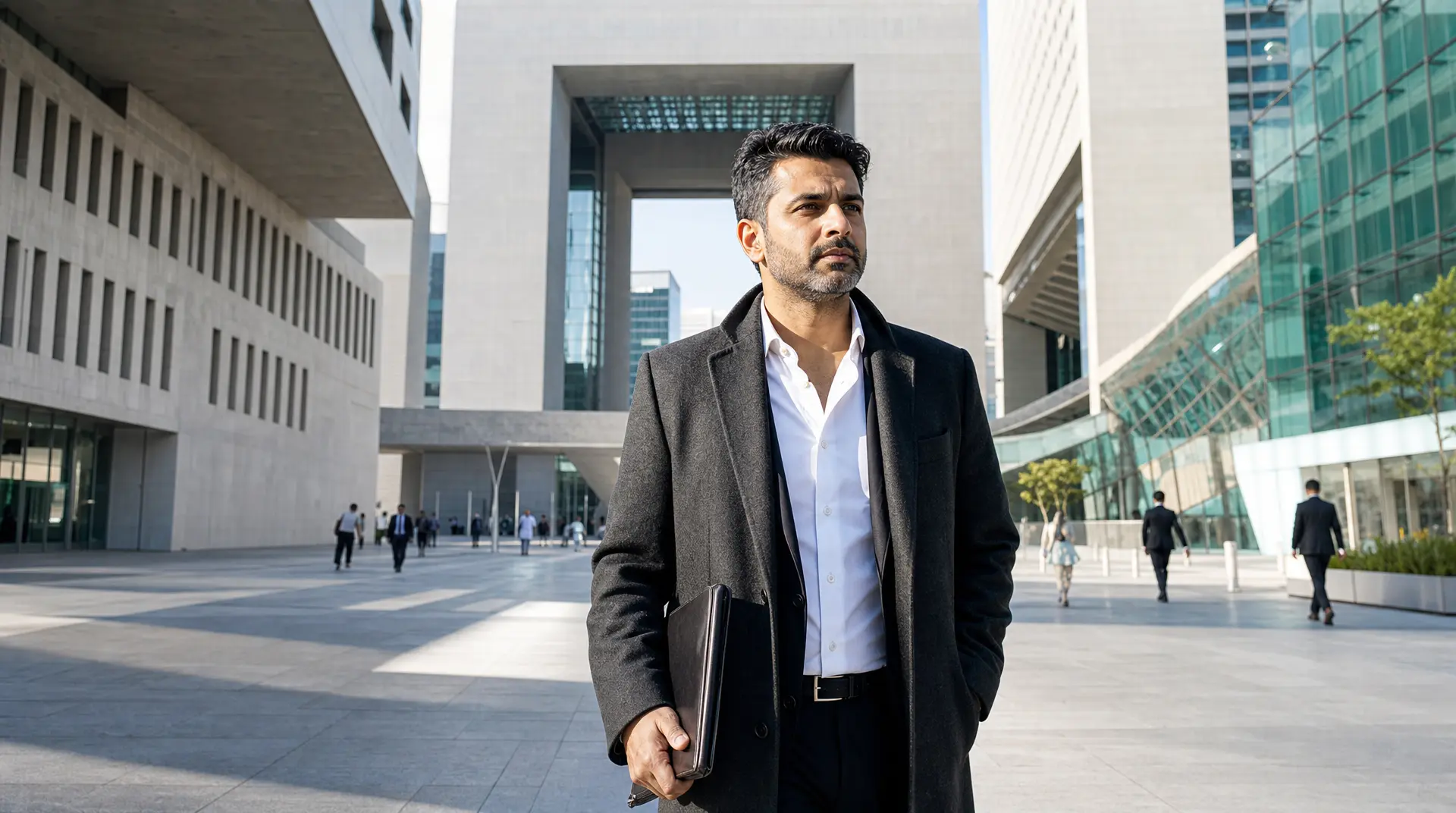 An executive with a briefcase walks through a modern office atrium, reflecting corporate governance and compliance ai.
