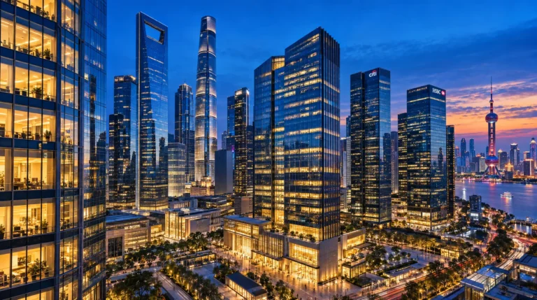 Glass towers with Citi and HSBC signage glow at dusk, representing corporate banking and global expansion.