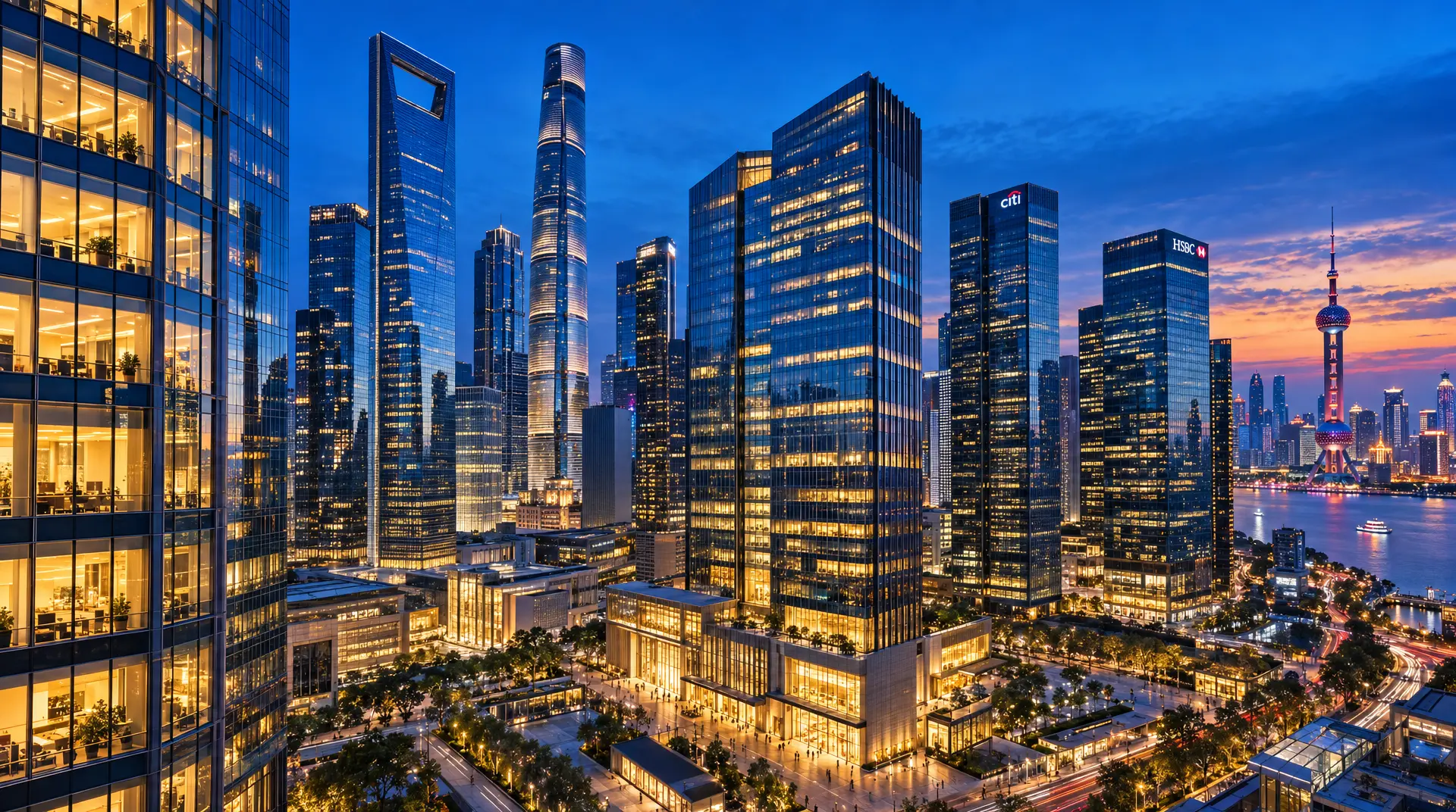Glass towers with Citi and HSBC signage glow at dusk, representing corporate banking and global expansion.