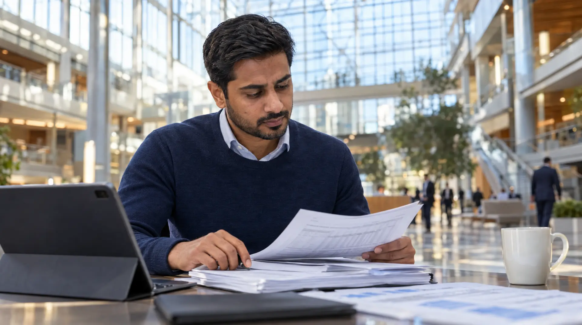 Business professional reviewing printed corporate resolutions paperwork at a modern office desk, leveraging compliance automation for governance.
