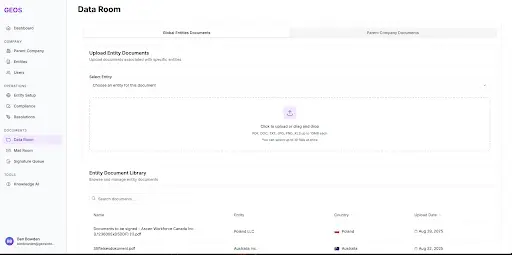 A screenshot of a web-based Data Room interface with sections for Upload Entity Documents, an entry document library list, and document details. A left sidebar shows navigation items, and a main panel displays upload and library content.