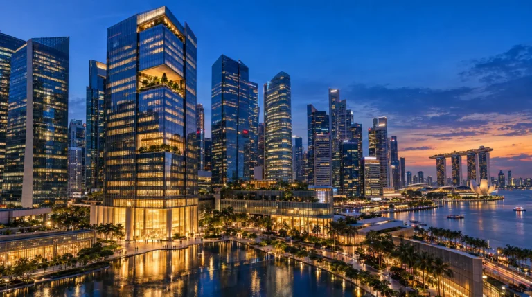 Illuminated skyscrapers line Singapore's waterfront at twilight, with Marina Bay Sands and the ArtScience Museum visible in the distance.