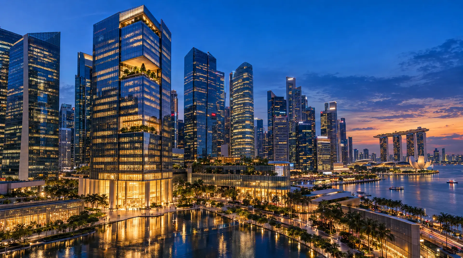 Illuminated skyscrapers line Singapore's waterfront at twilight, with Marina Bay Sands and the ArtScience Museum visible in the distance.