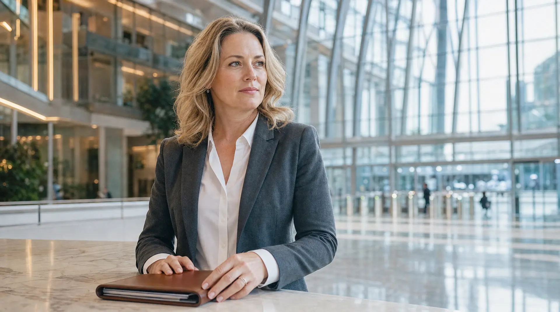 Professional woman in a glass office, reviewing compliance documents on a tablet for corporate compliance.