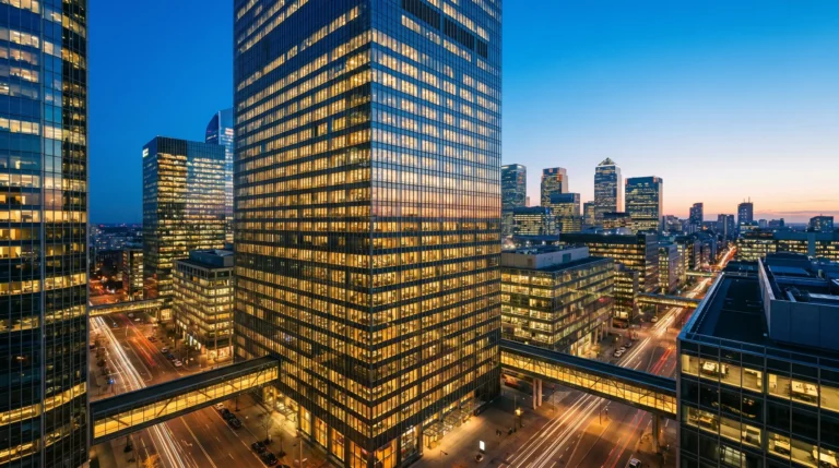 A wide view of a modern downtown skyline at dusk, dominated by a tall glass office building with illuminated window rows. Streets in the foreground show long-exposure traffic light trails, while other skyscrapers sit in the background under a blue-to