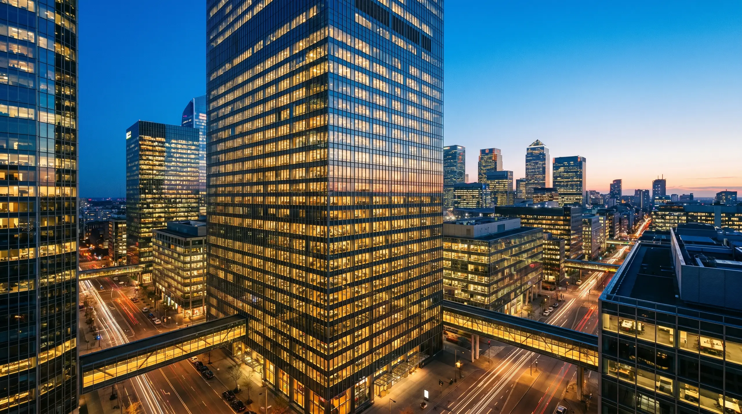 A wide view of a modern downtown skyline at dusk, dominated by a tall glass office building with illuminated window rows. Streets in the foreground show long-exposure traffic light trails, while other skyscrapers sit in the background under a blue-to