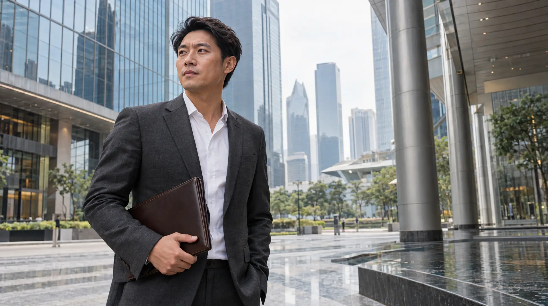 A man in a dark suit holds a leather portfolio in a plaza surrounded by glass office towers.