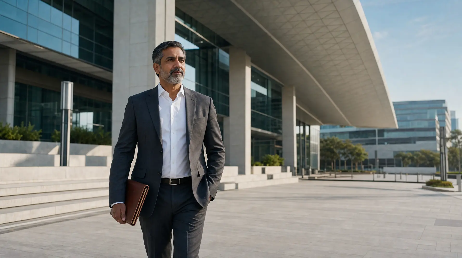 Business executive in a suit walks through a modern office plaza holding a tablet case, symbolizing corporate compliance oversight.