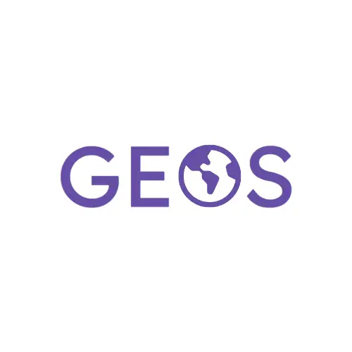 Purple text reading "GEOS" with a globe/earth icon replacing the "O" in the word. White background.