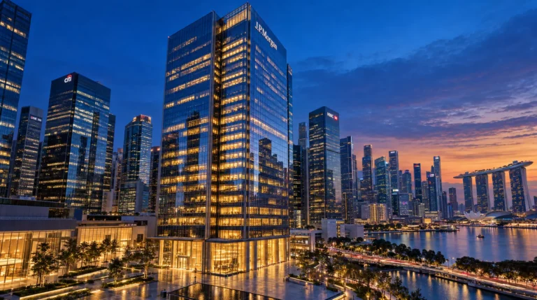 Illuminated J.P. Morgan, Citi, and HSBC towers rise over Singapore's waterfront at dusk, with Marina Bay Sands in the distance.