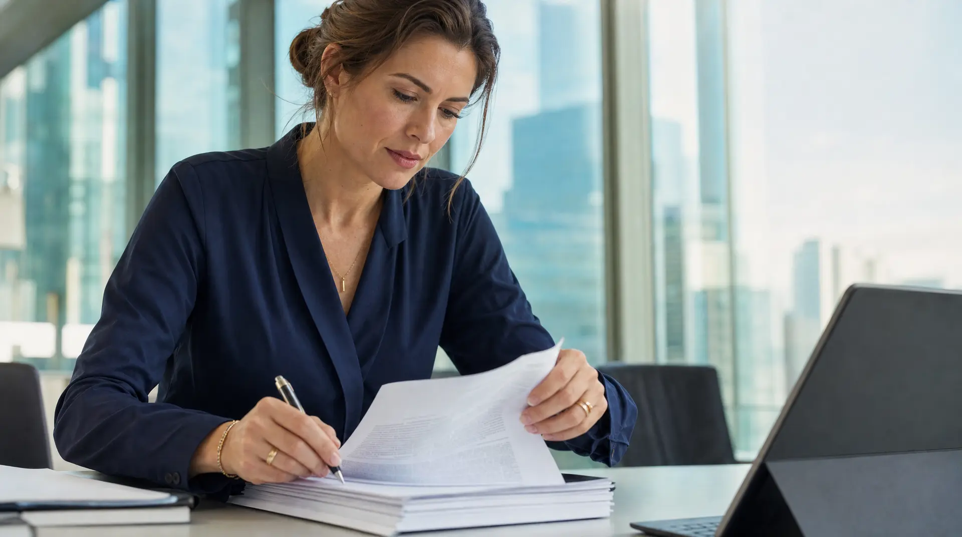 A professional woman reviews and signs paperwork at a desk while using a laptop, with compliance ai supporting the document review process.