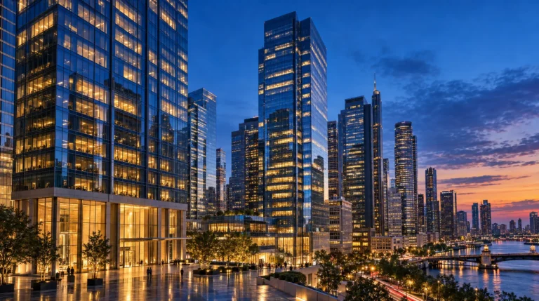 Glass office towers glow at dusk over a waterfront, reflecting corporate compliance planning for international growth.