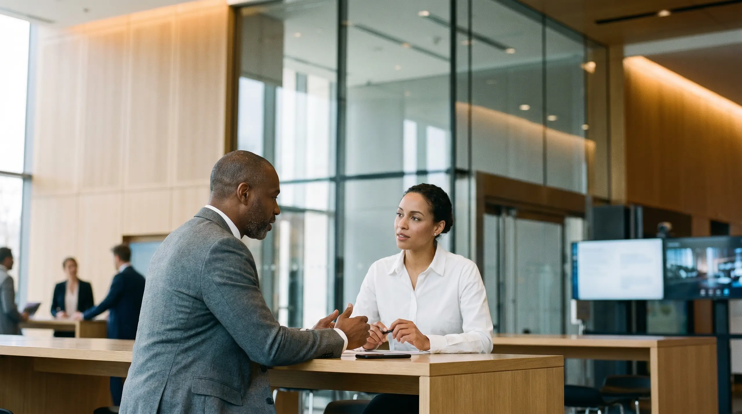 A man in a gray suit and a woman in a white blouse sit facing each other at a wooden table in a bright office lobby, speaking as they gesture. Glass walls and office desks with a computer monitor are visible in the background.