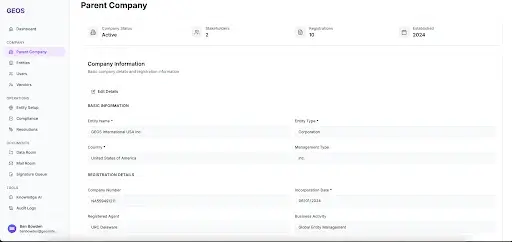A computer screen shows a web dashboard with a sidebar labeled "GEOS" and a main panel titled "Parent Company," listing fields such as address, legal information, and identifiers in a table-style layout.