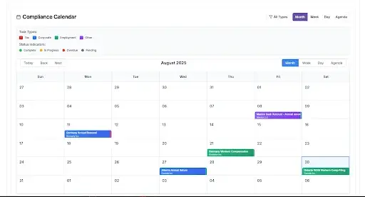 Screenshot of a web-based Compliance Calendar showing August 2025 in a monthly grid, with multiple color-coded deadline events (e.g., blue, green, purple) across different days and a row of tabs and filters at the top.