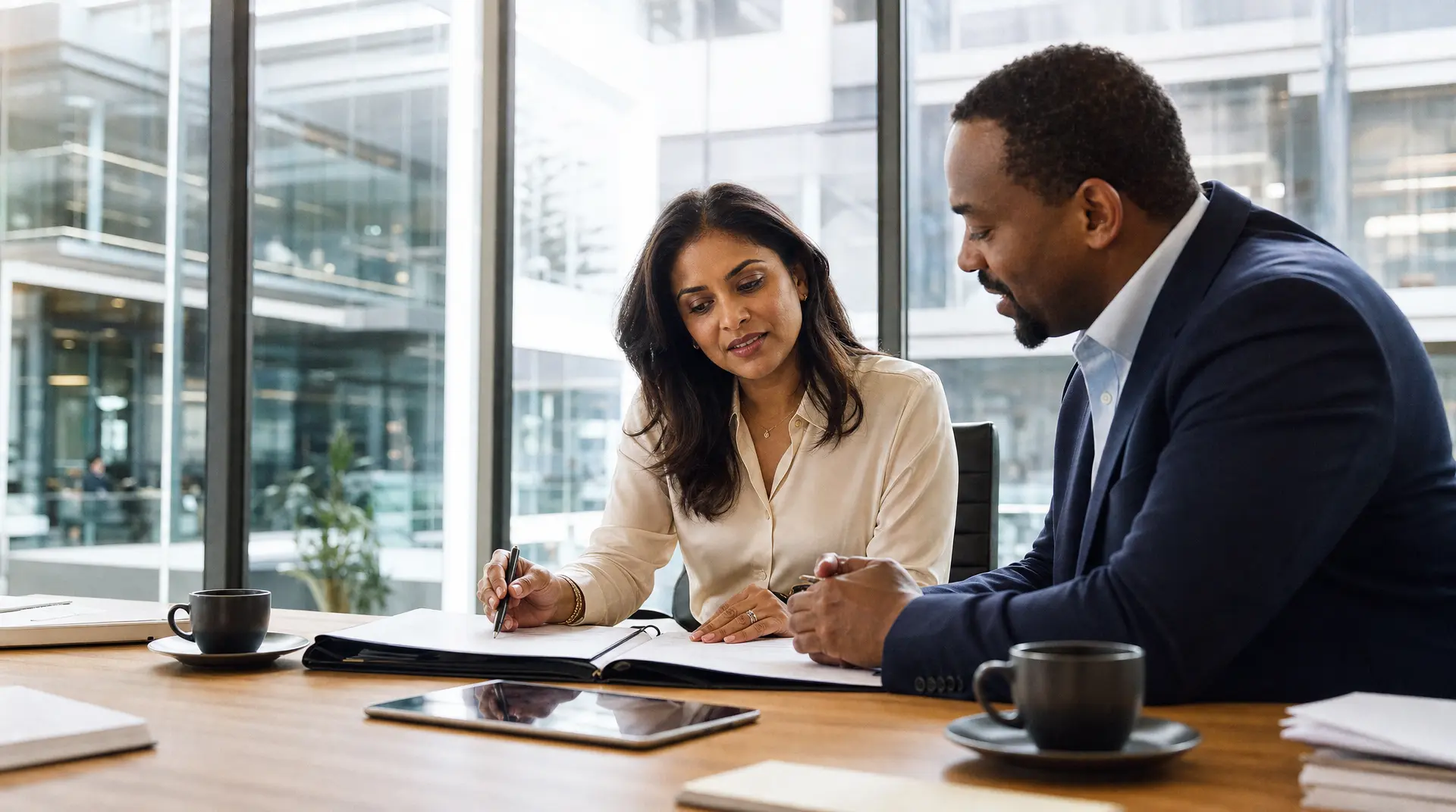 In a modern office, a woman and a man review documents together at a table with pens and notebooks, supported by compliance ai guidance.
