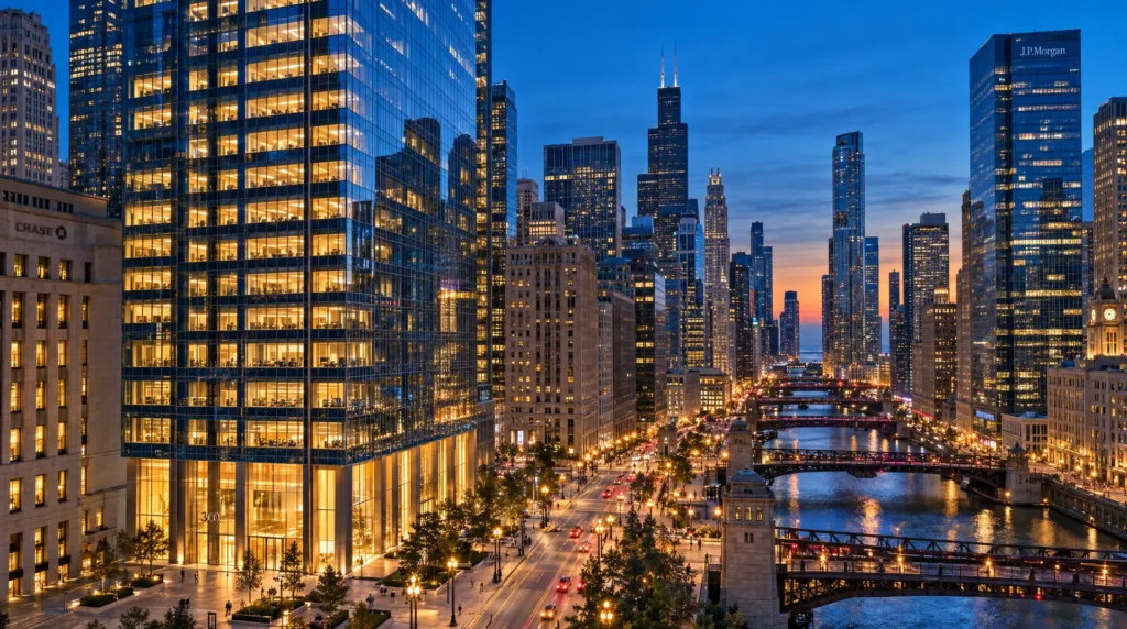 Downtown skyscrapers glow at dusk along a river, symbolizing global expansion planning.